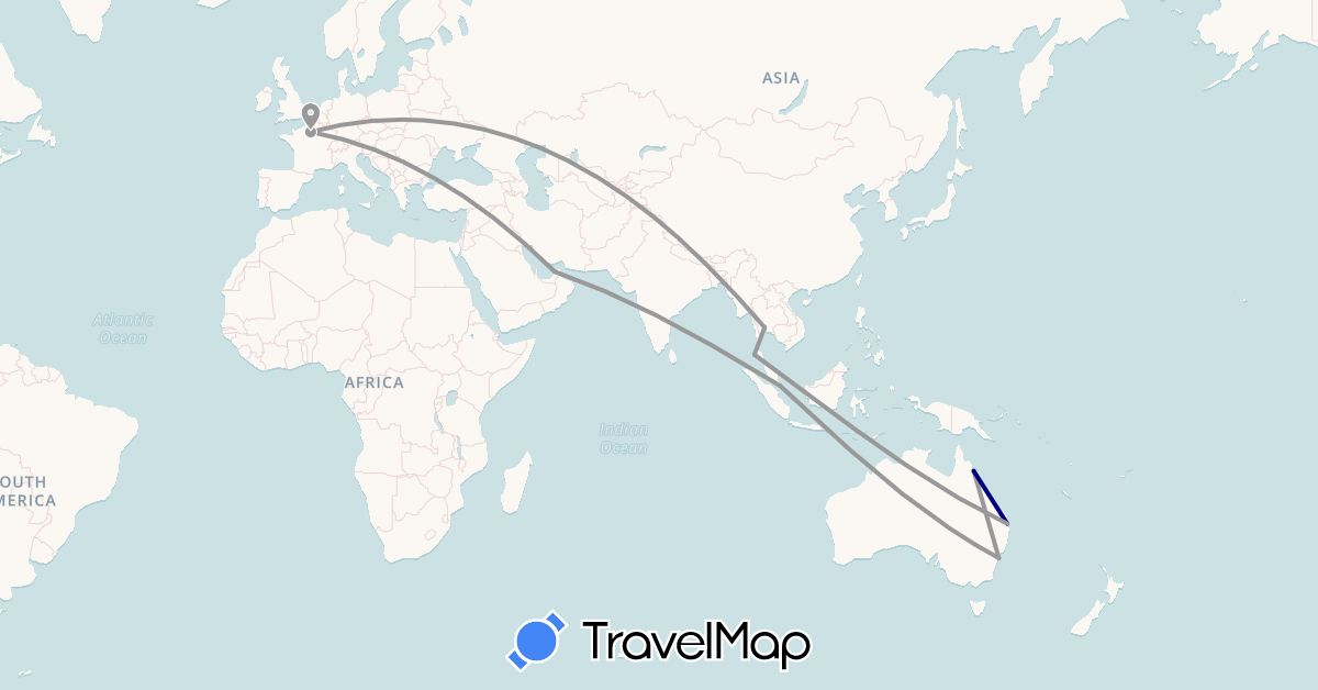 TravelMap itinerary: driving, plane in United Arab Emirates, Australia, France, Singapore, Thailand (Asia, Europe, Oceania)